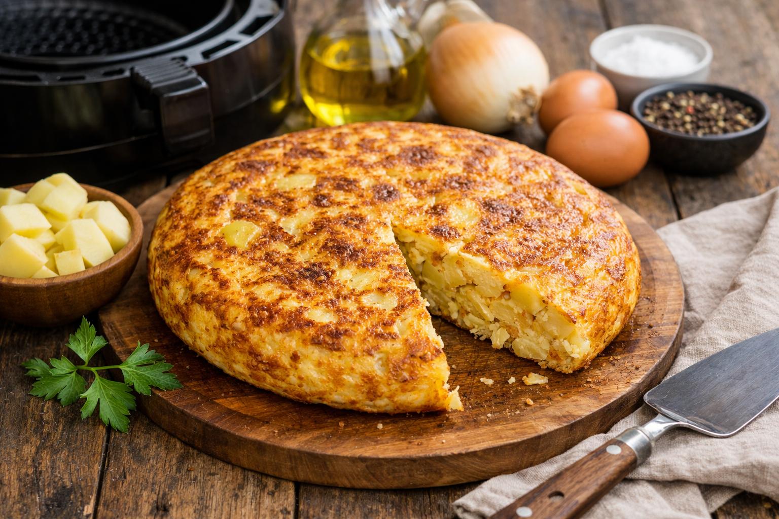 Tortilla de patatas en freidora de aire: receta fácil, jugosa y con menos aceite