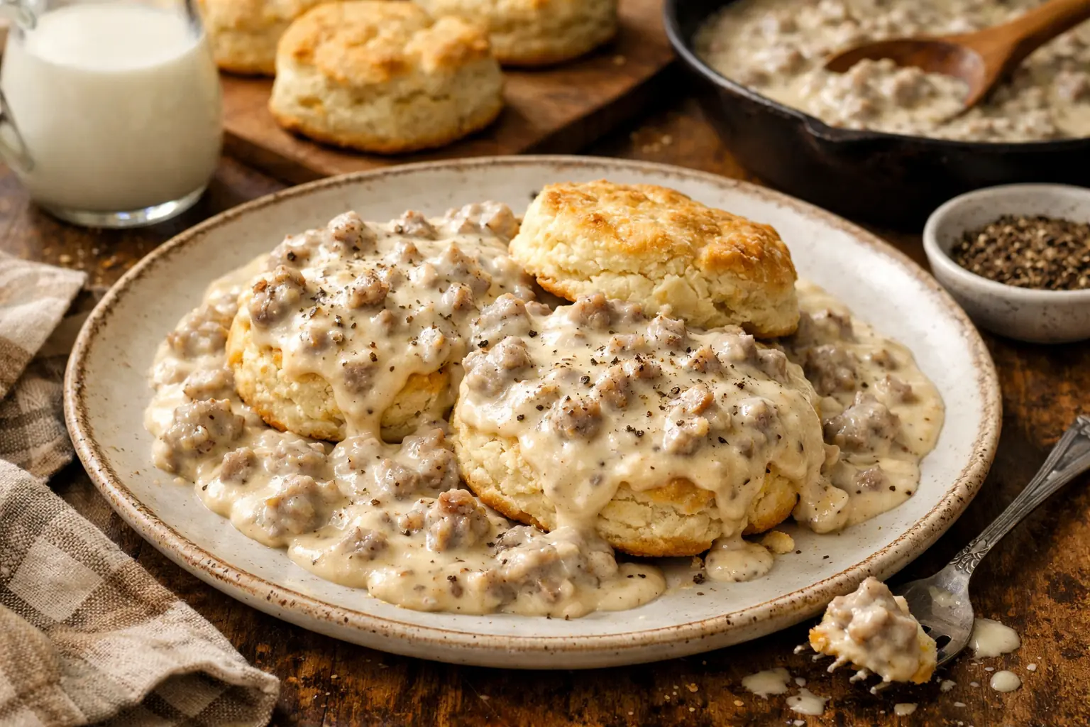 Biscuits and gravy sureños (tradicional y bien cremoso)