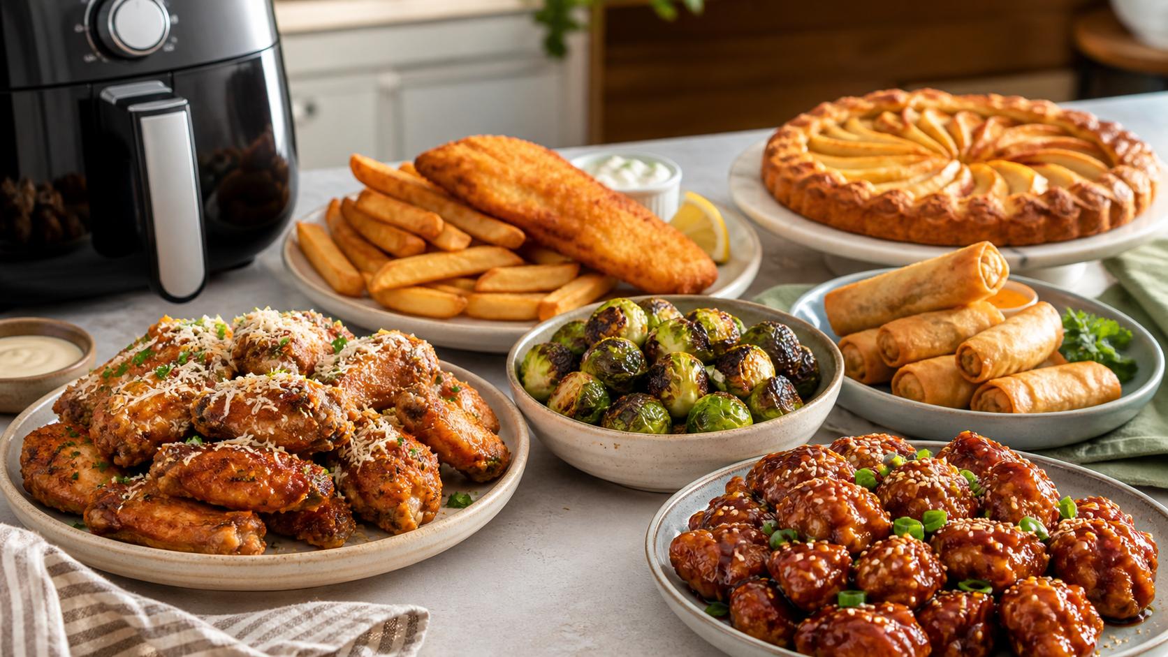 Platos para freidora de aire con alitas de pollo, pescado con patatas fritas, coles de Bruselas, pollo con soya y sésamo, rollitos de huevo y tarta de manzana