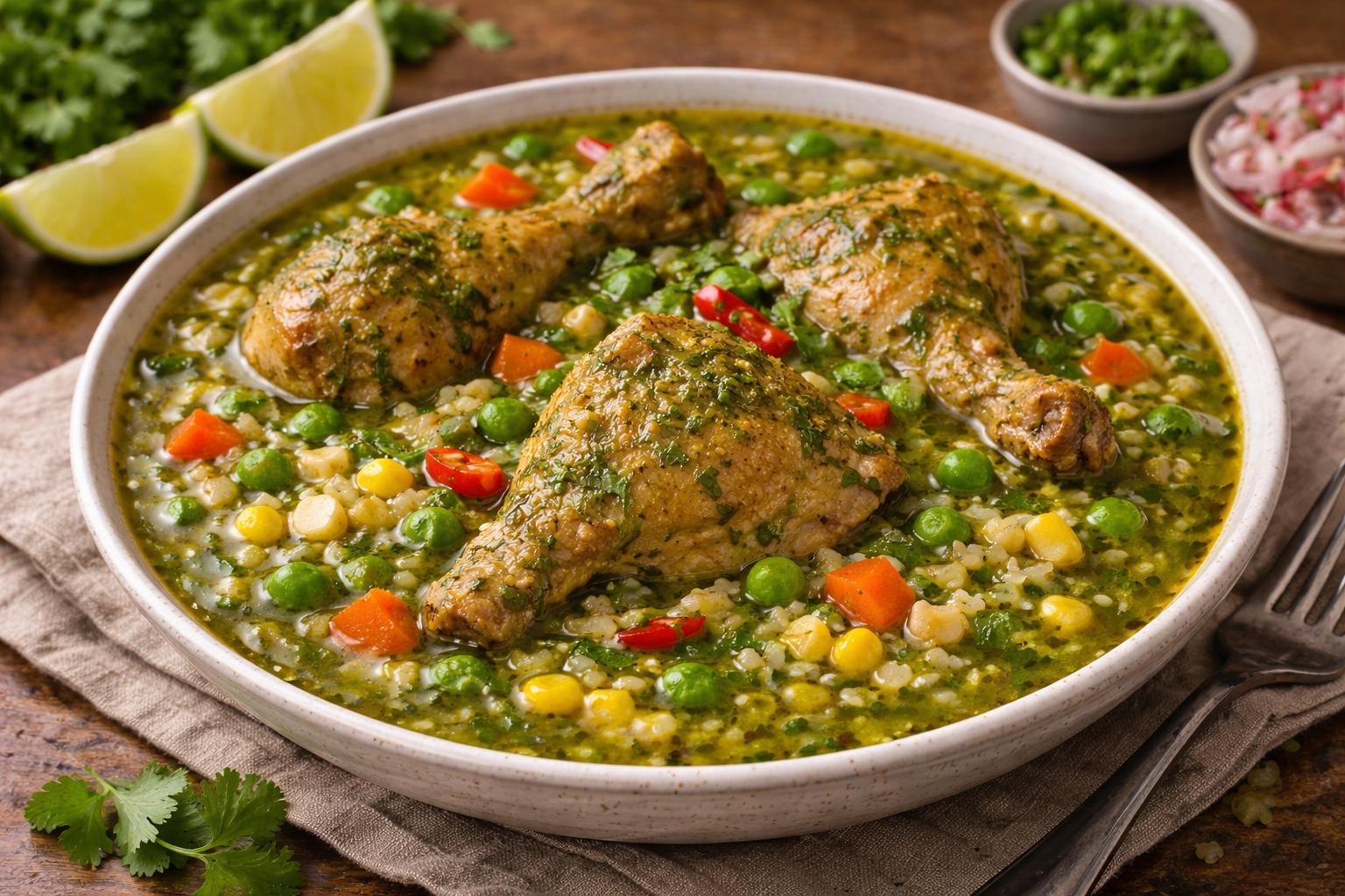 Aguadito de pollo peruano con culantro y arroz