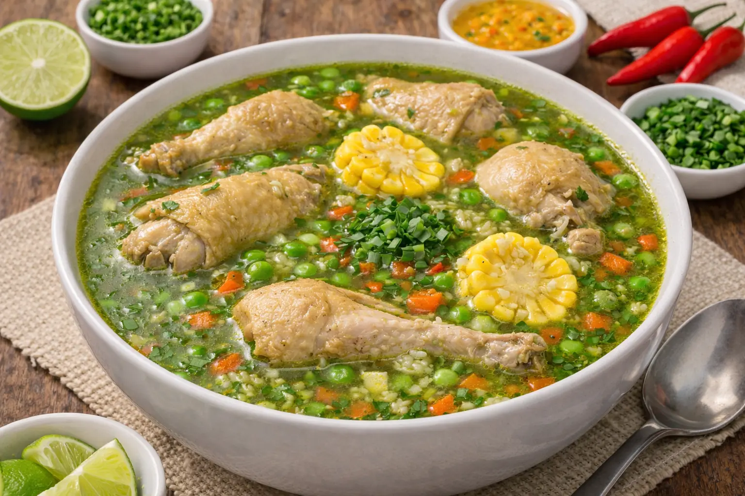 Aguadito de pollo peruano con culantro y arroz