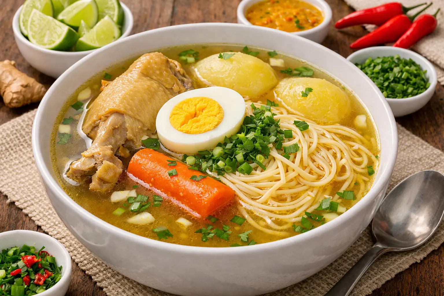 Caldo de gallina casero con fideos y huevo