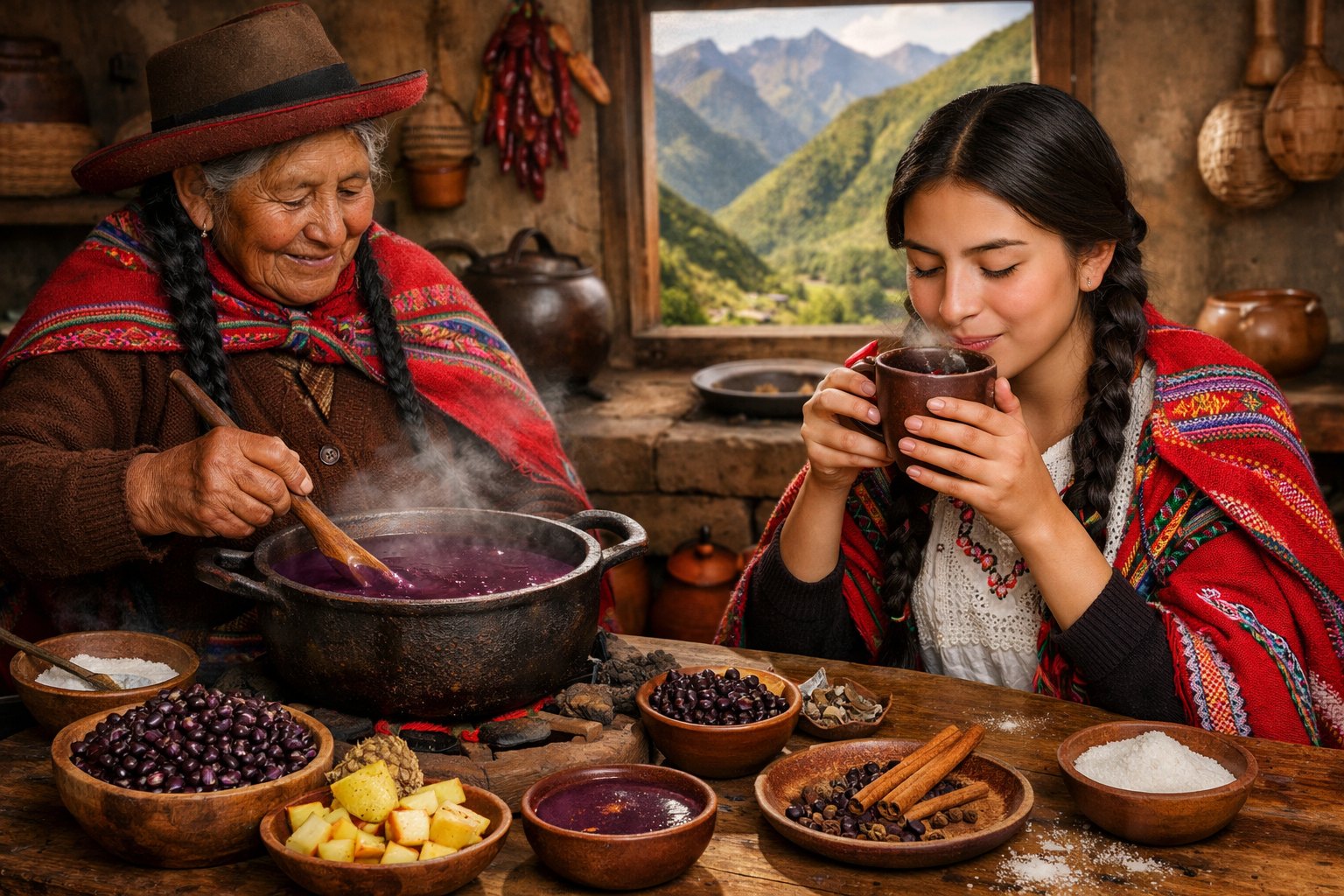 Api de maíz morado caliente con canela y clavo