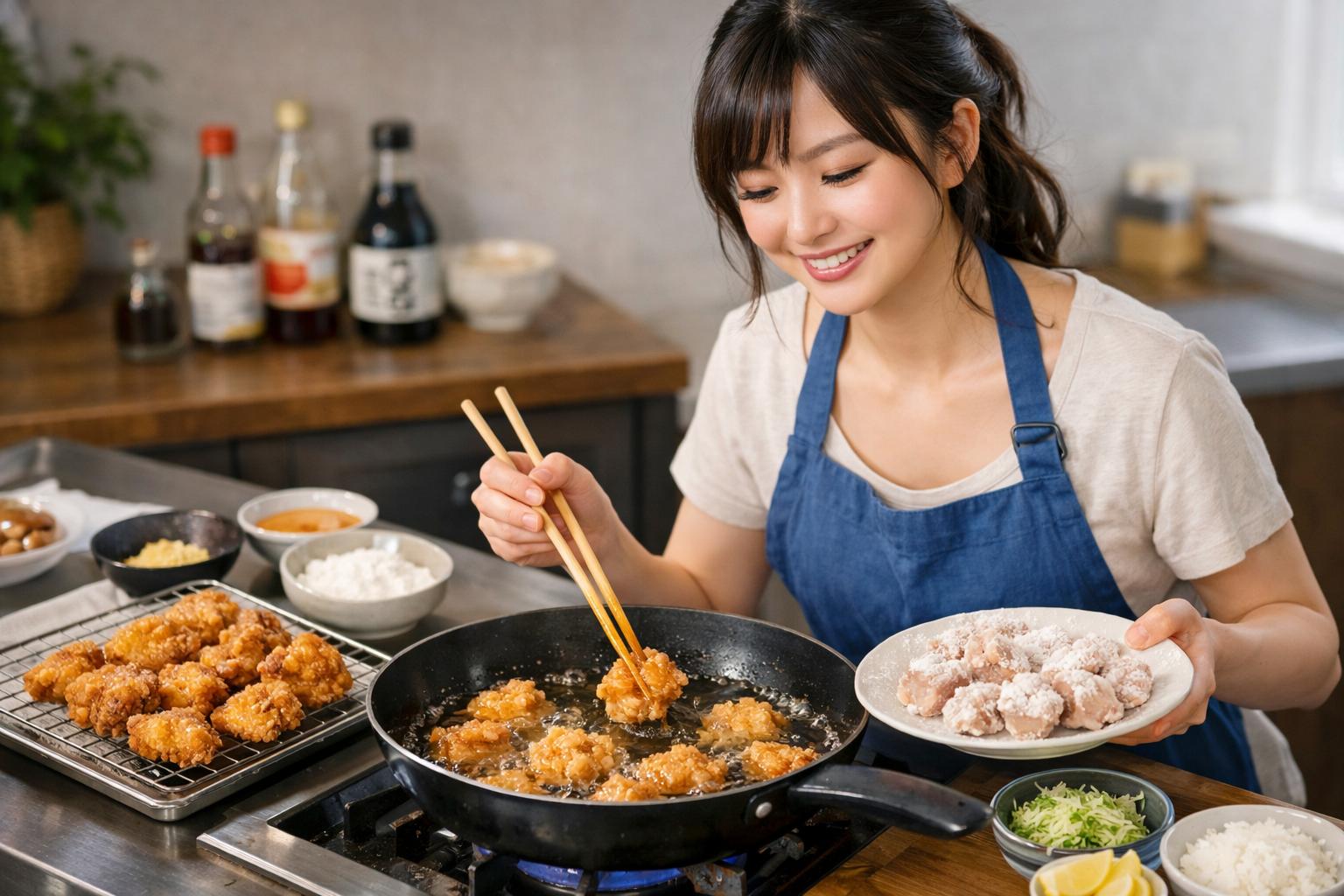 Karaage de pollo crujiente en sartén