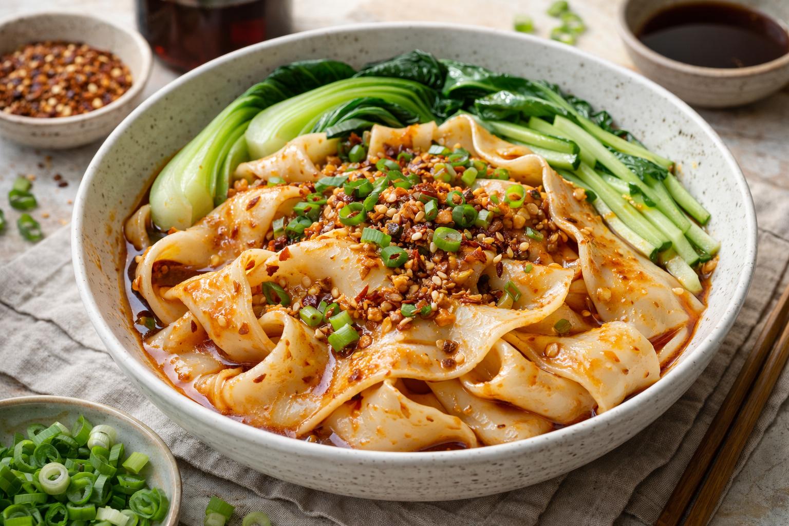 Biangbiang noodles de Shaanxi: fideos anchos con aceite picante suave