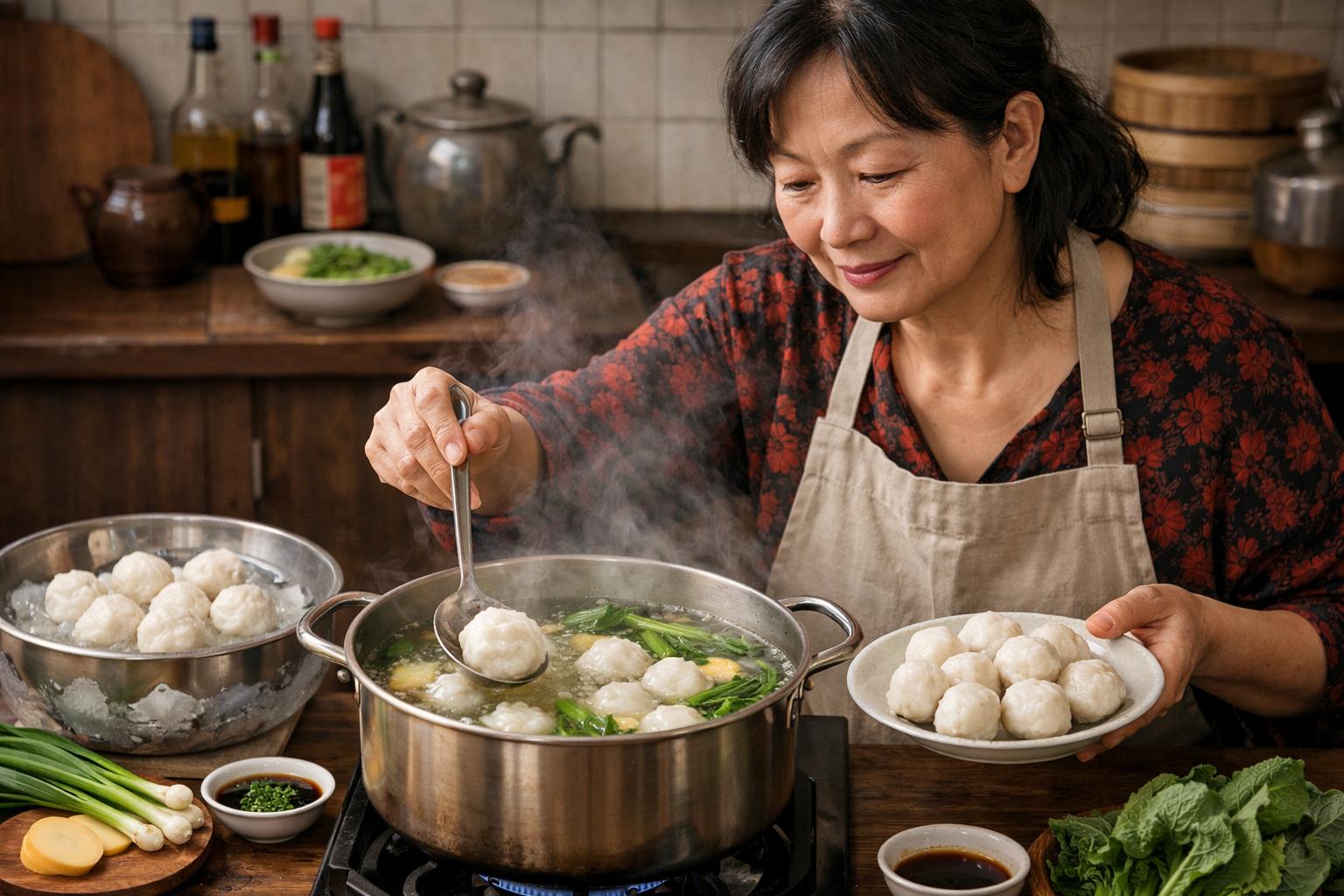 Albóndigas de pescado de Fuzhou (yuwan) en caldo liviano