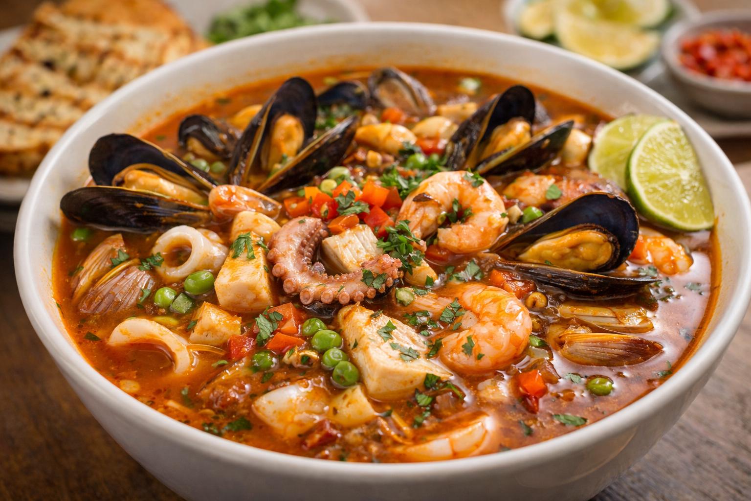 Parihuela peruana intensa con mariscos y buen caldo