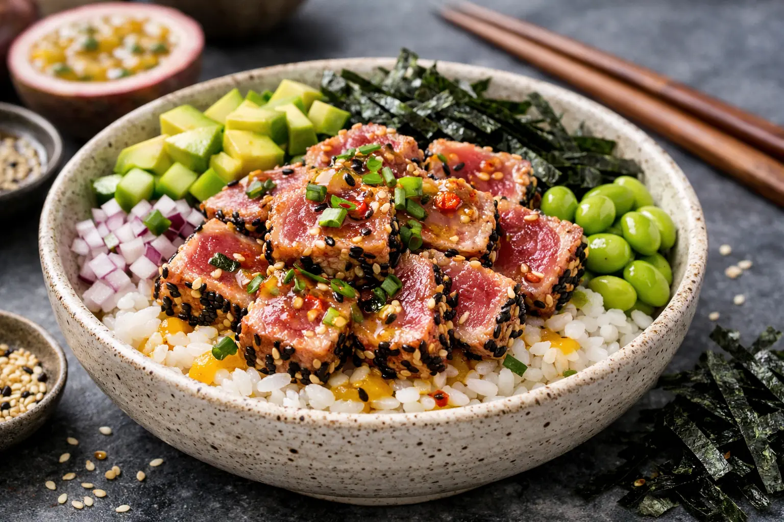 Poke estilo japonés con atún sellado (alternativa segura)