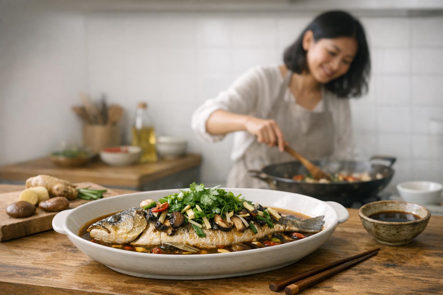 Xihu cuyu en salsa agridulce suave en primer plano mientras una cocinera china lo prepara en una cocina moderna