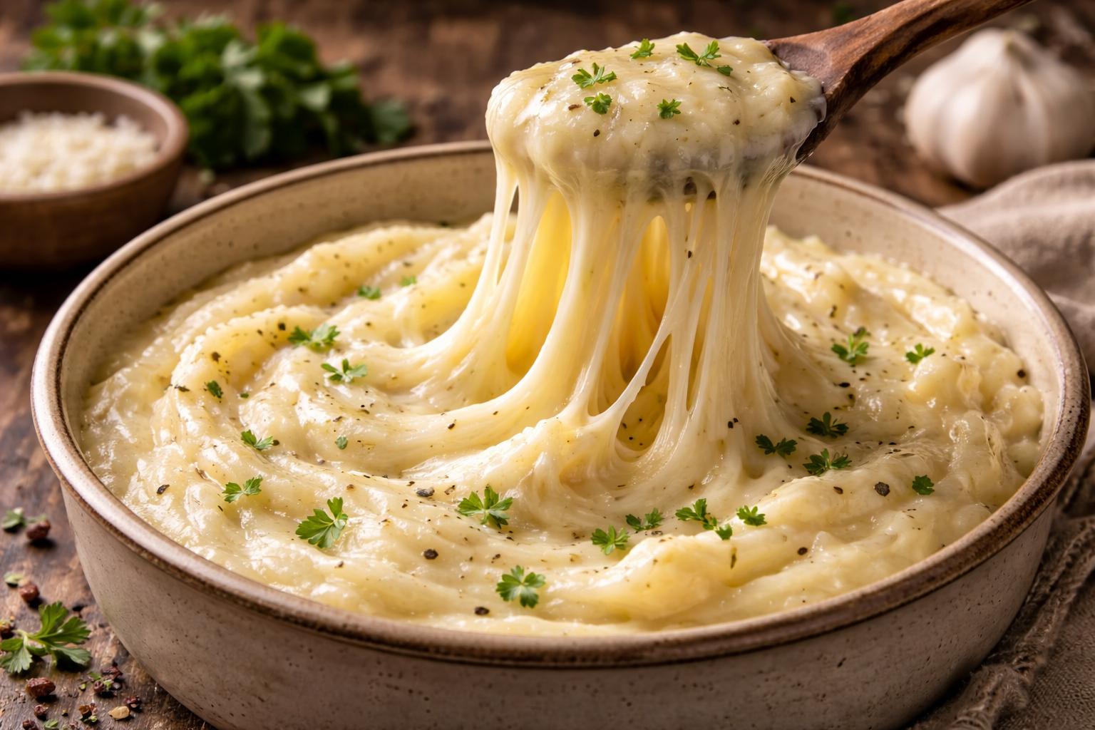 Aligot (puré de papa con queso) receta francesa bien elástica