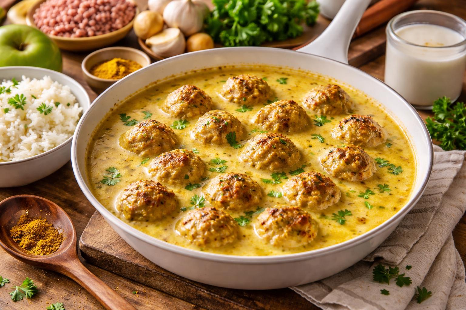 Boller i karry danés, albóndigas en curry cremoso