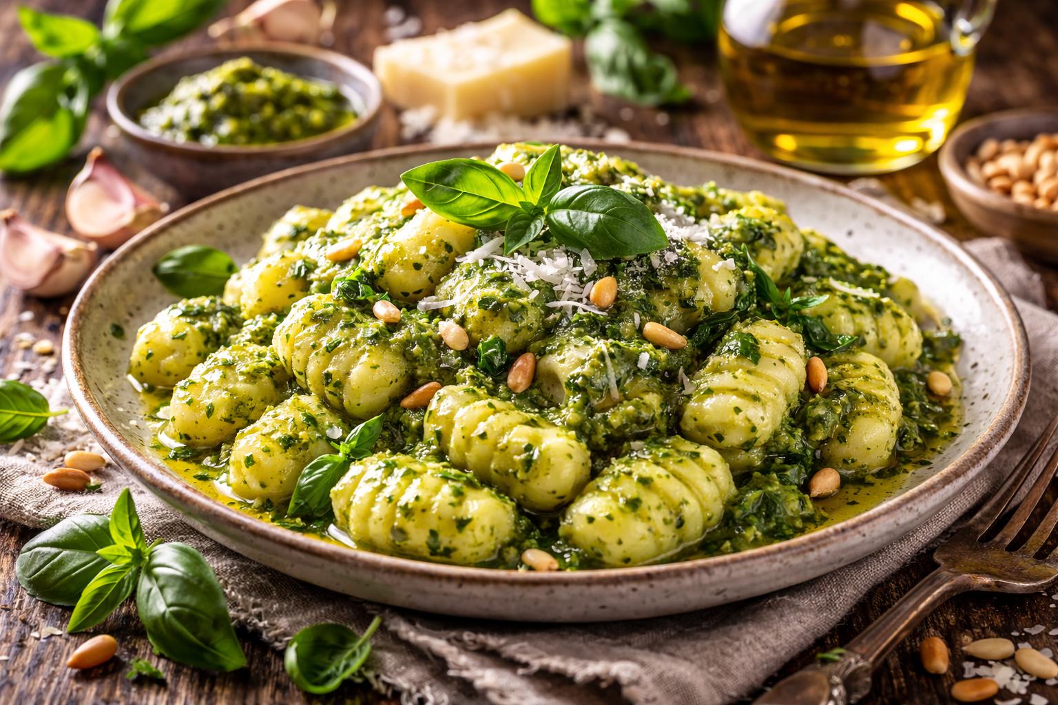 Gnocchi al pesto con papas suaves