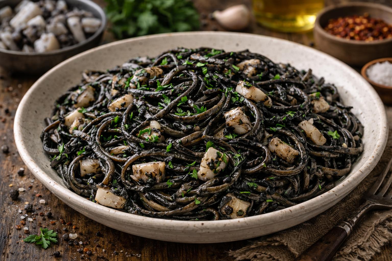 Linguine al nero di seppia (tinta de calamar)