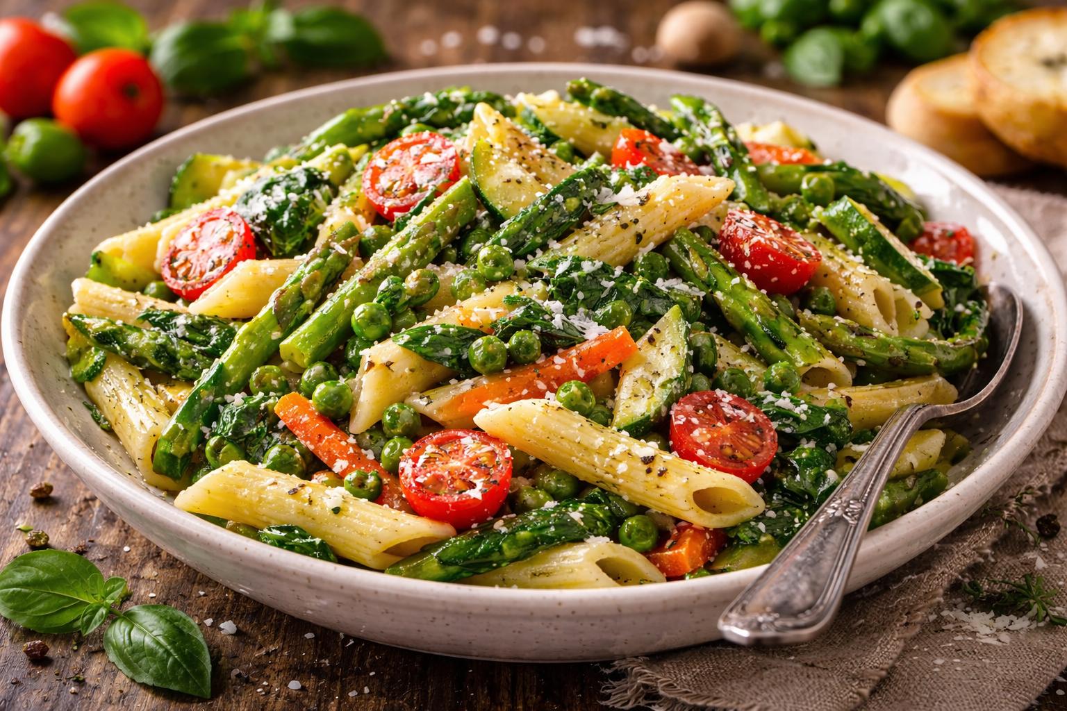 Pasta primavera italiana con verduras de estación