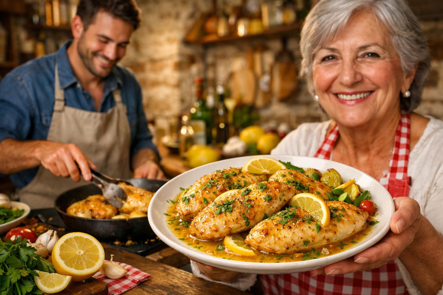 Pollo al limone italiano jugoso en sartén
