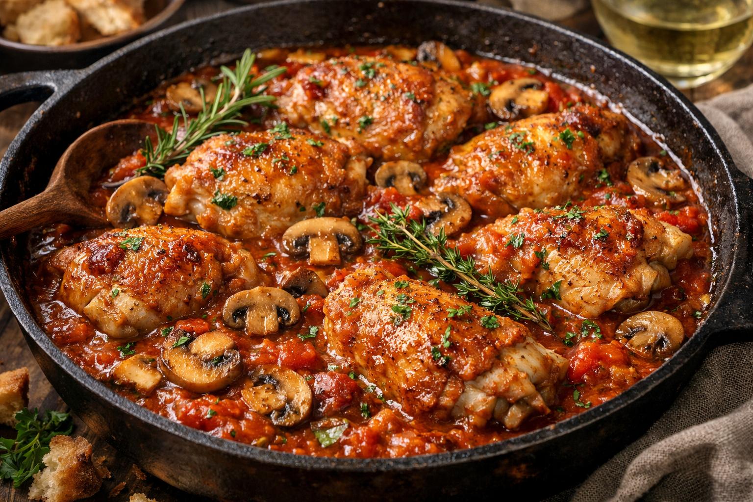 Poulet chasseur francés (pollo al cazador) en sartén