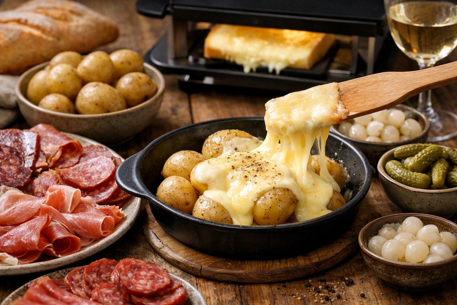 Raclette francesa (queso fundido) para compartir en mesa