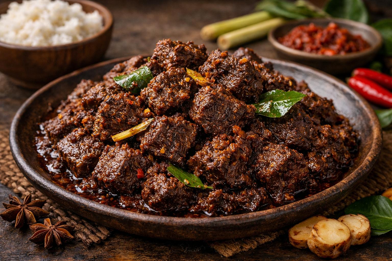 Rendang indonesio de res (curry seco y especiado)