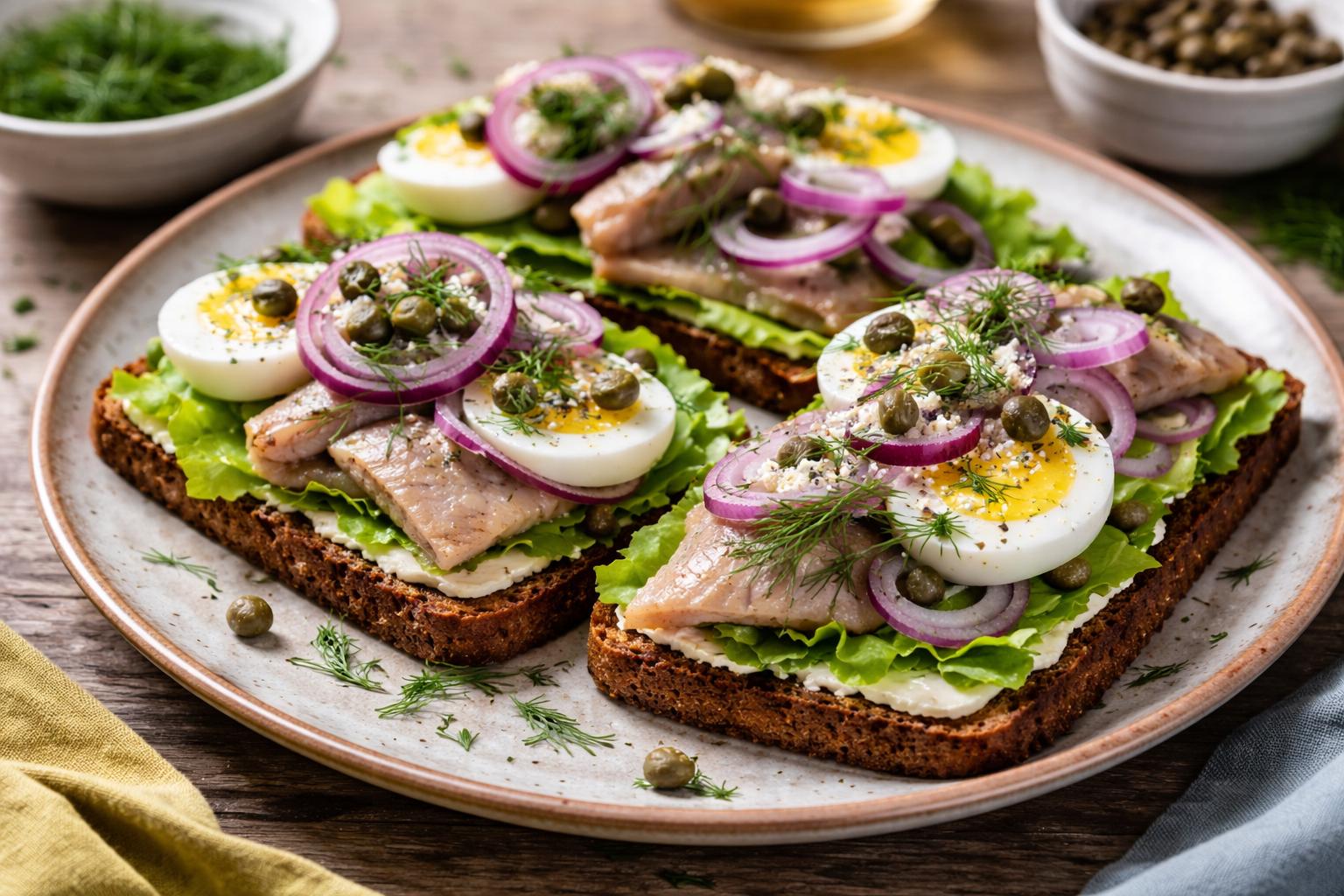 Smørrebrød danés de arenque marinado, intenso y tradicional