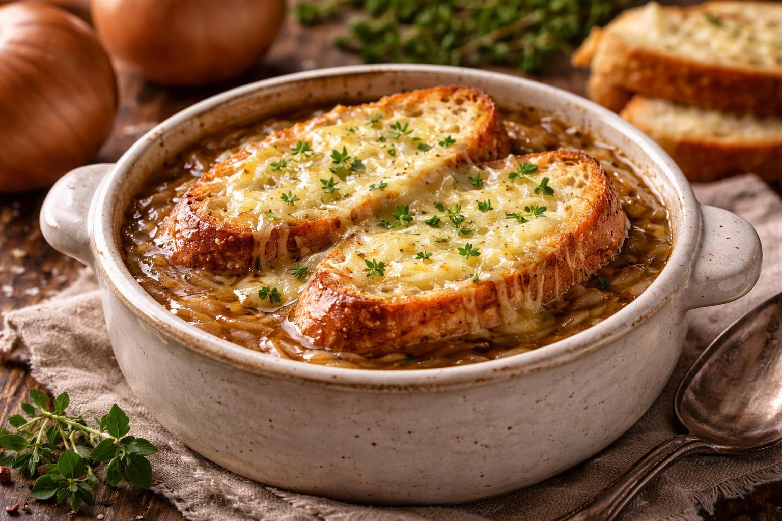 Soupe à l’oignon gratinée (sopa de cebolla) estilo bistró
