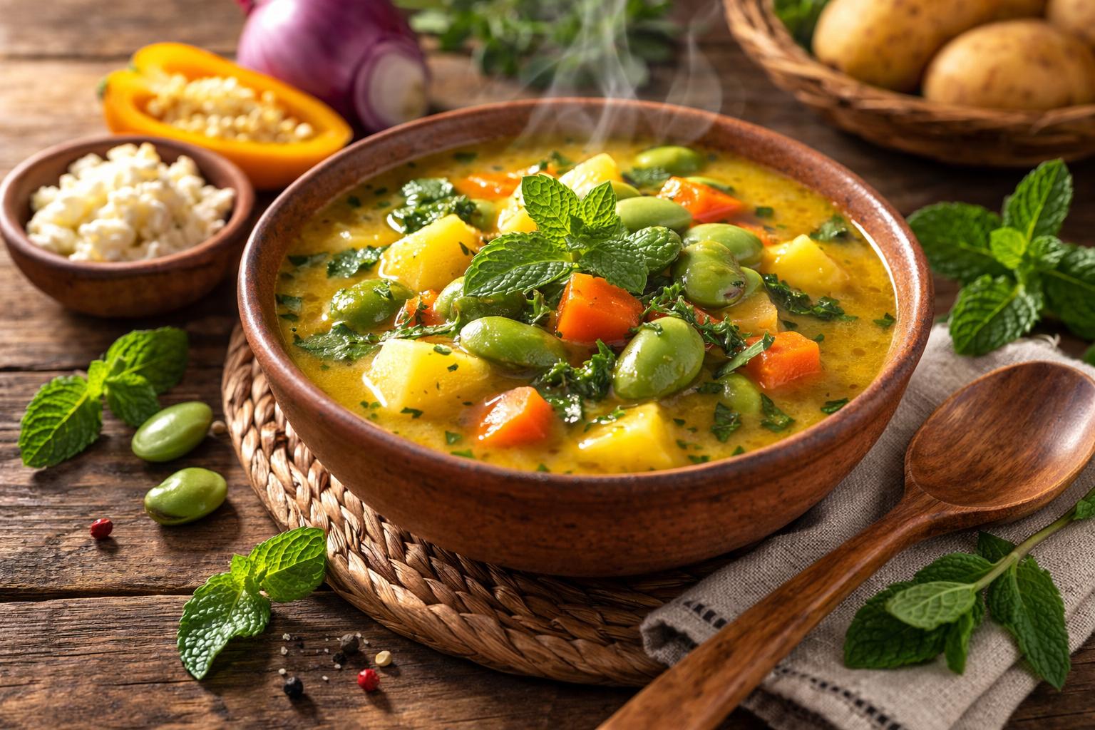Sopa de habas serrana con hierbabuena y papa