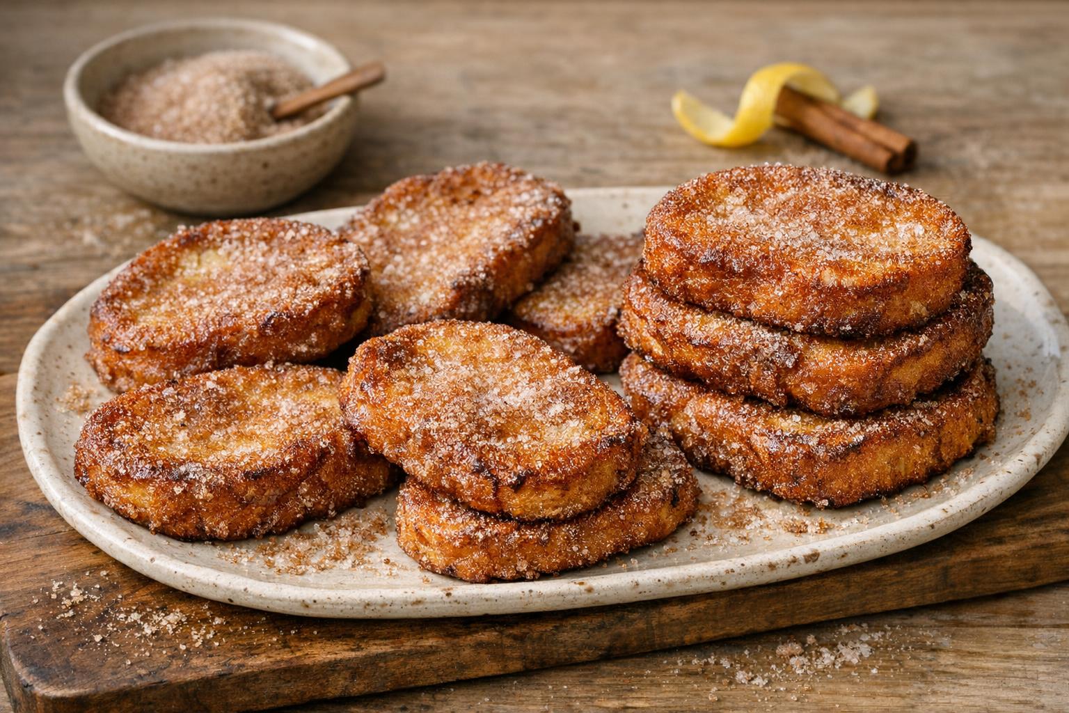 Torrijas tradicionales españolas espolvoreadas con azúcar y canela, presentadas sobre una tabla de madera.