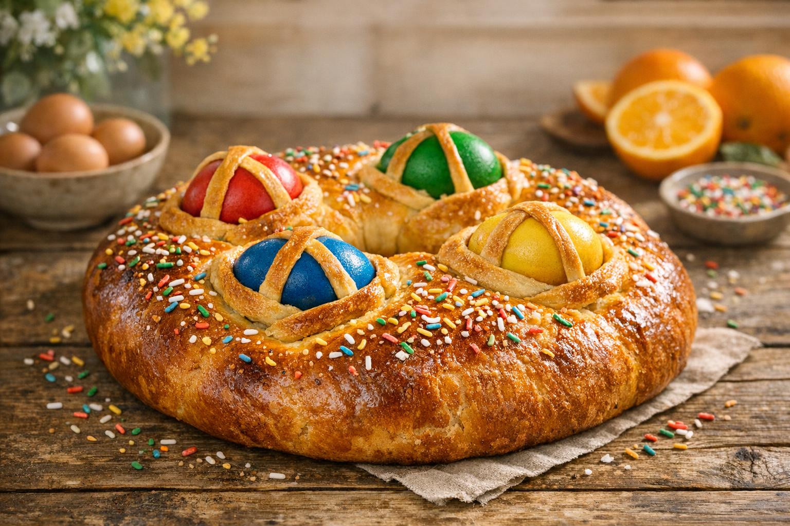 Mona de Pascua tradicional española recién horneada, decorada con huevos cocidos de colores y fideos de azúcar, sobre una mesa de madera rústica.