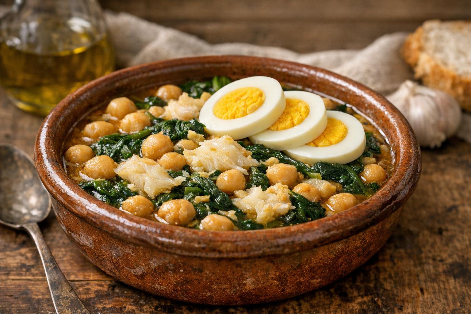 Potaje de vigilia tradicional español con garbanzos, espinacas, bacalao y huevo cocido, servido en un cuenco rústico.