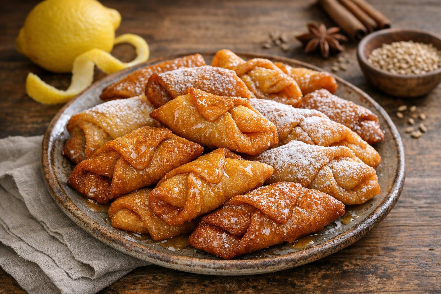 Pestiños tradicionales españoles con miel y azúcar glas, servidos en un plato rústico.