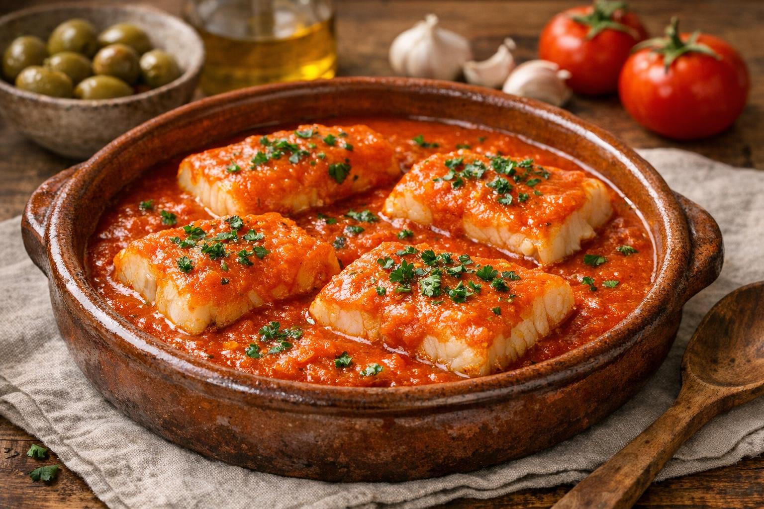 Bacalao a la vizcaína tradicional servido en una cazuela de barro, con lomos de bacalao cubiertos por una salsa roja intensa y perejil picado.