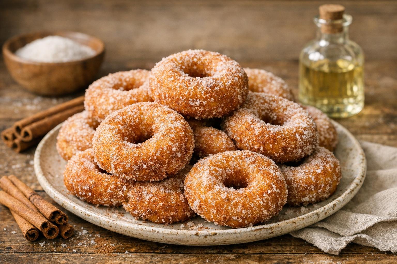 Roscos de Semana Santa tradicionales, fritos y rebozados en azúcar y canela, presentados en un plato rústico.