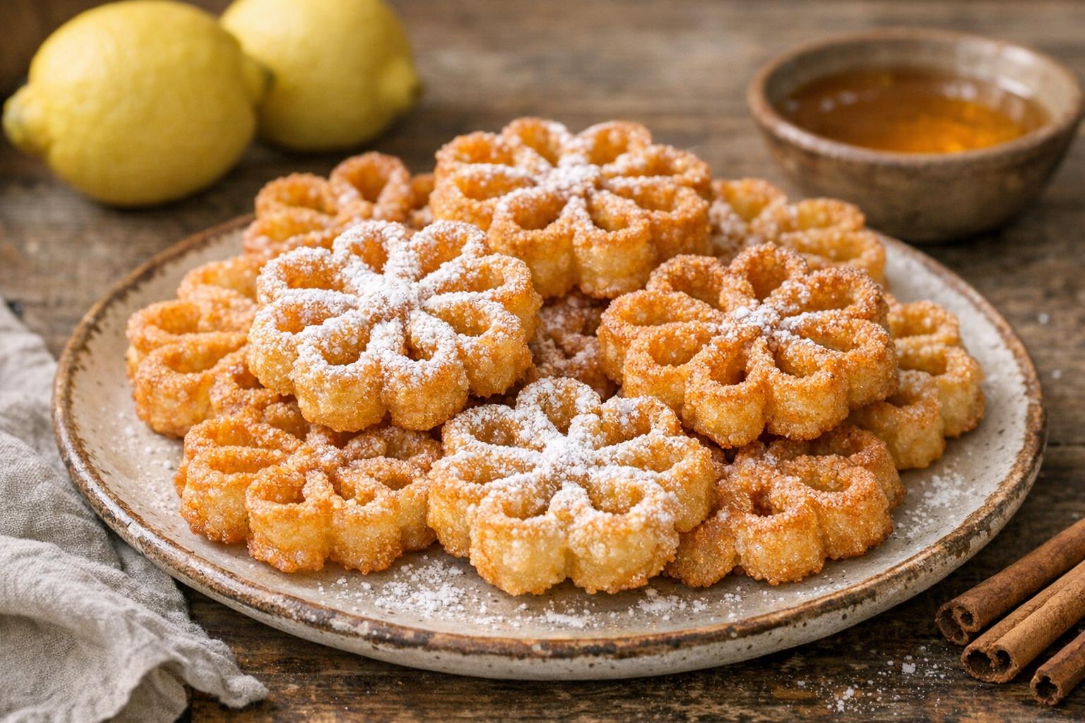 Flores de Cuaresma recién hechas, dulces fritos tradicionales españoles con forma de flor, espolvoreadas con azúcar glas y presentadas en un plato rústico.