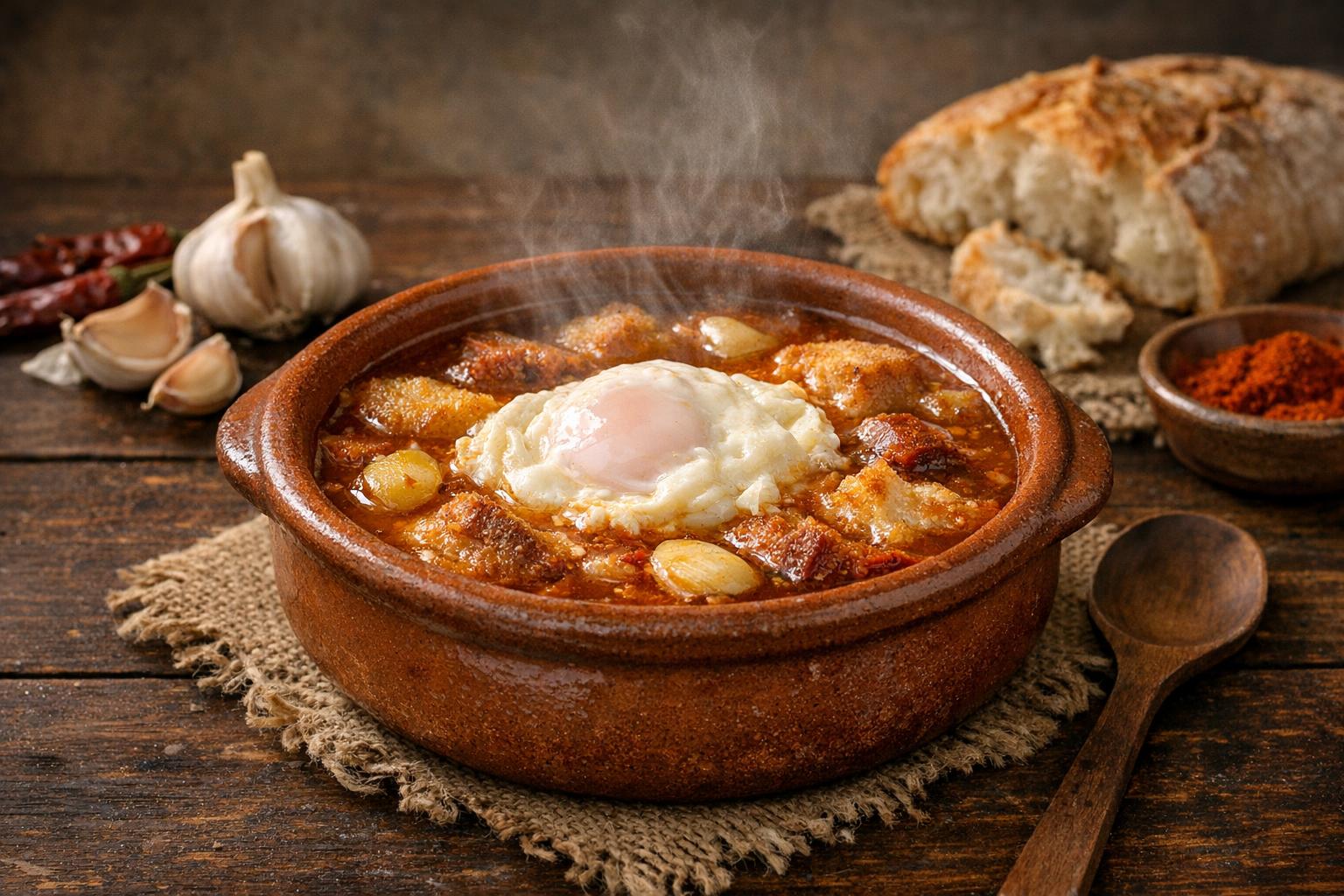 Sopa castellana tradicional servida en un cuenco de barro, con pan, ajo y un huevo escalfado, humeante y apetitosa.