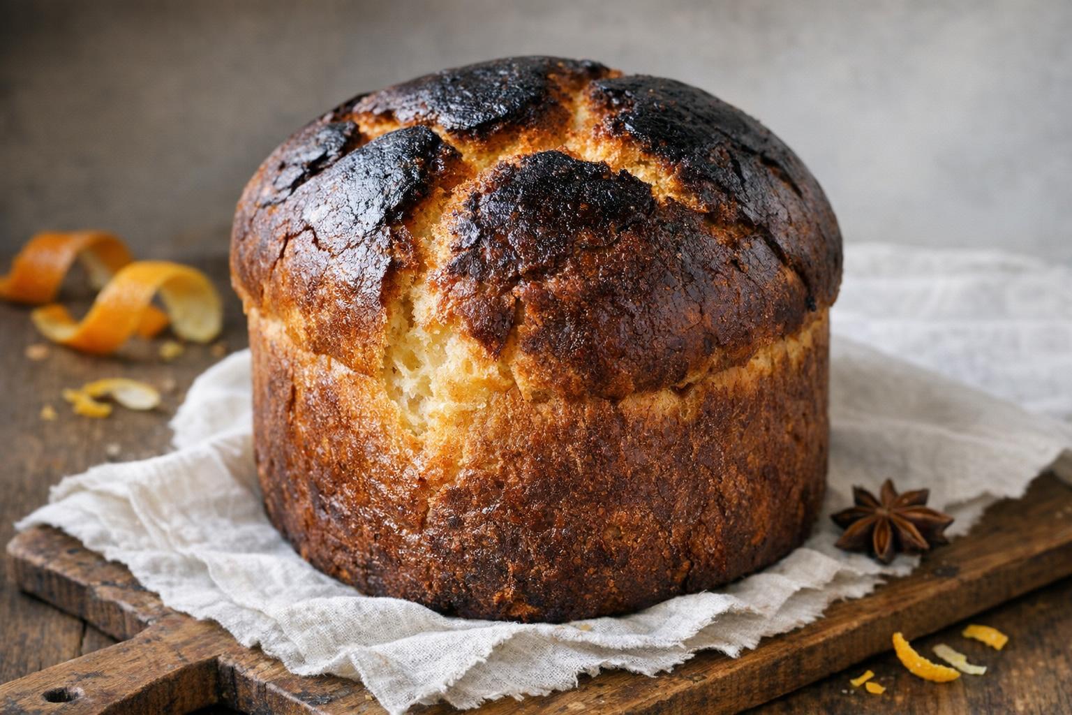 Panquemado tradicional valenciano, un pan dulce de Pascua con corteza oscura y miga esponjosa, sobre una tabla de madera.