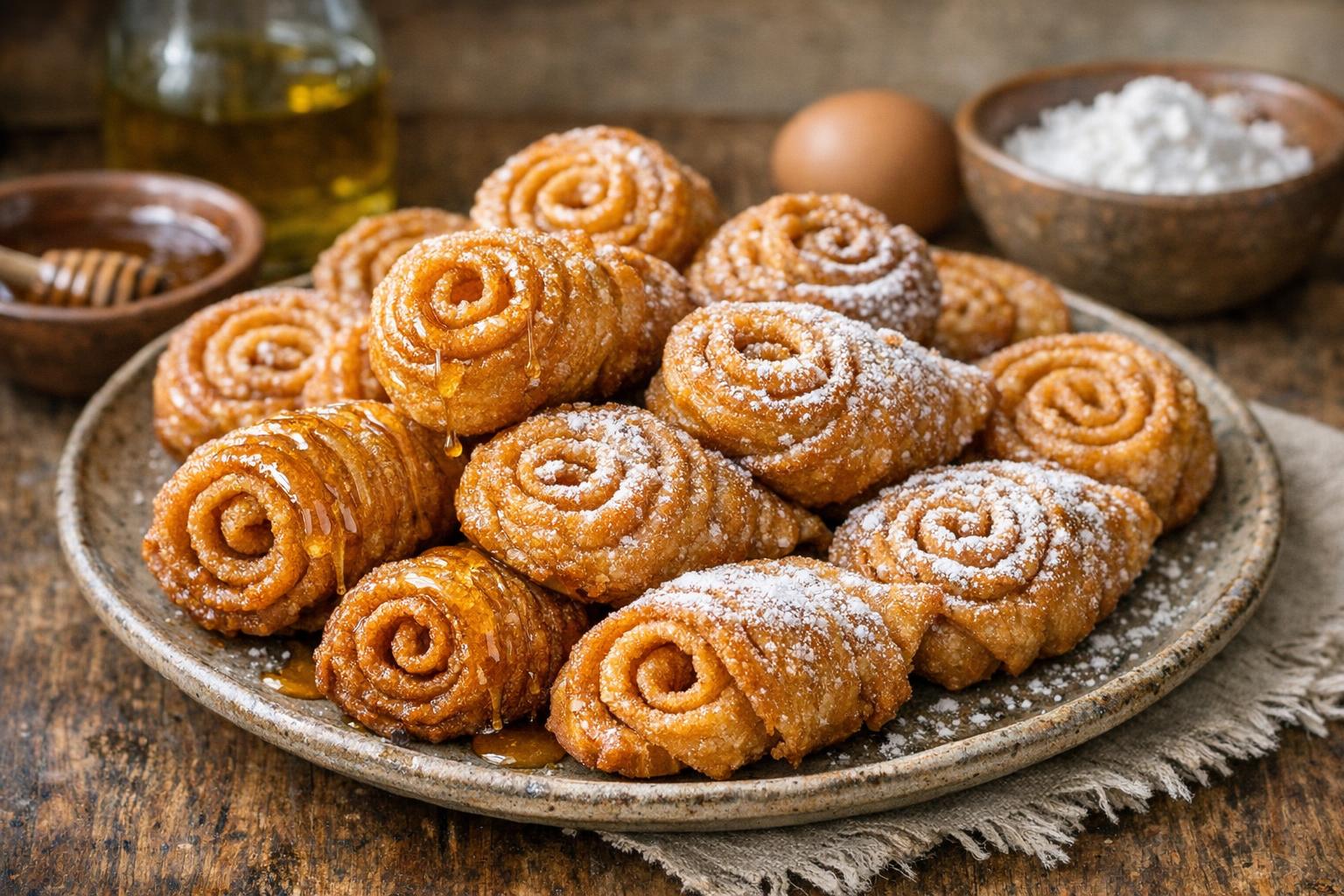 Plato de Gañotes de Ubrique, dulces fritos tradicionales de Semana Santa en España, con forma de espiral y color dorado, algunos bañados en miel.