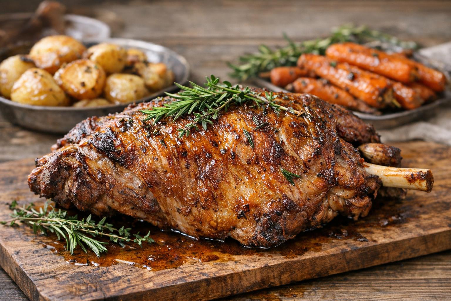 Agneau pascal, cordero asado tradicional francés para Pascua, presentado en una tabla de madera con hierbas frescas y guarnición de patatas y zanahorias.