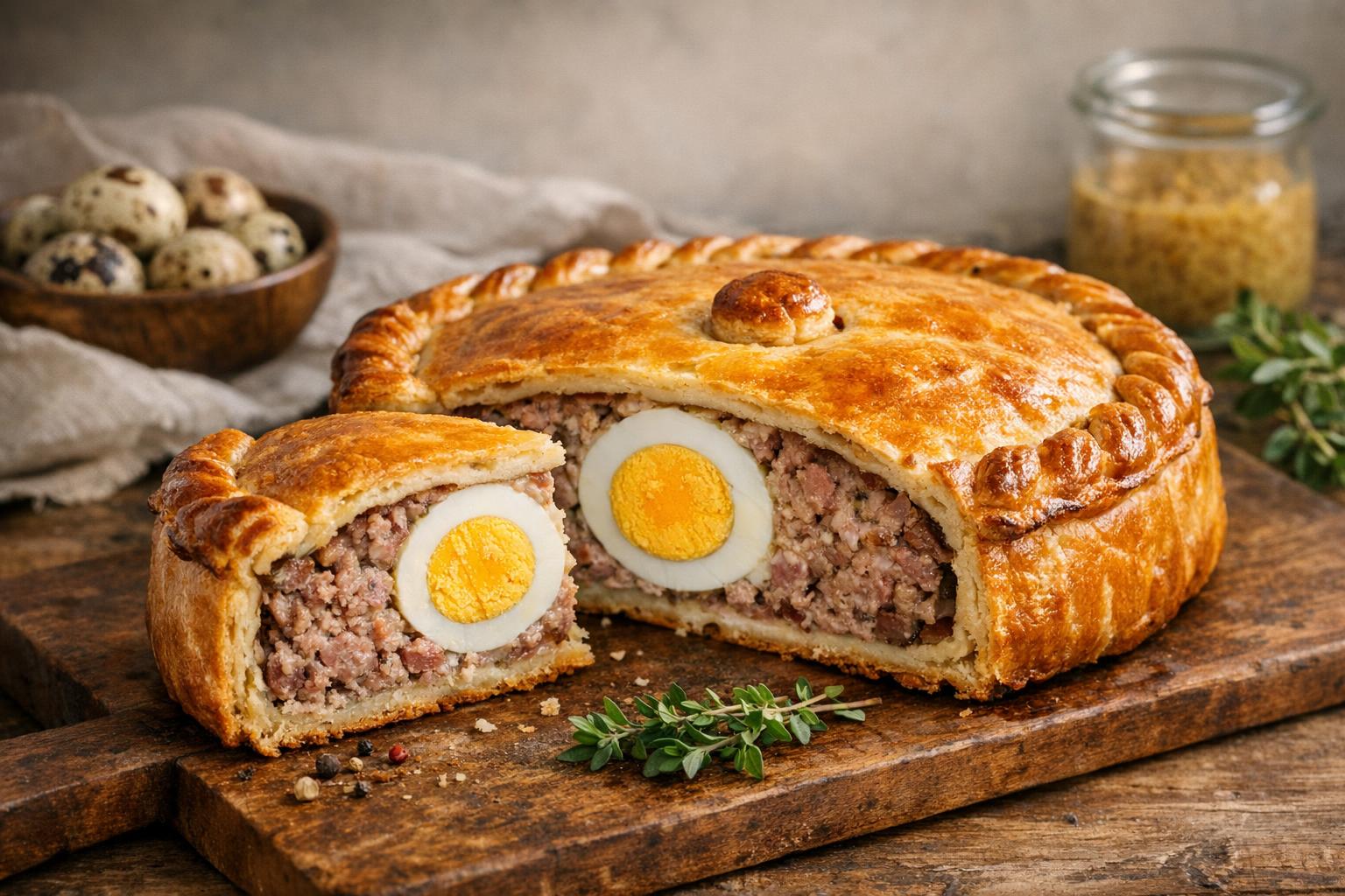 Pâté de Pâques berrichon recién horneado, un pastel salado tradicional francés de Pascua, con una porción cortada que muestra los huevos duros enteros en el centro del relleno de carne.