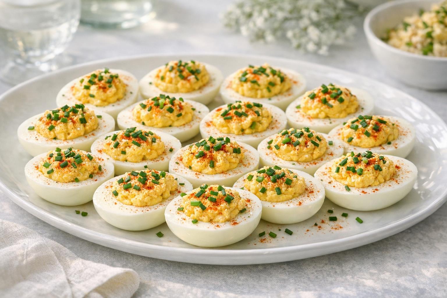 Huevos mimosa franceses, un entrante clásico de Pascua, presentados en un plato blanco con perejil picado y pimentón.