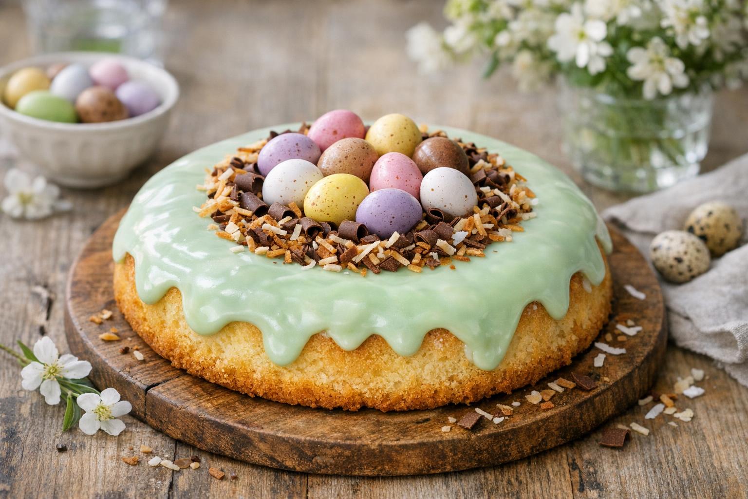 Nid de Pâques, un pastel tradicional francés en forma de nido, decorado con huevos de chocolate para la Pascua.