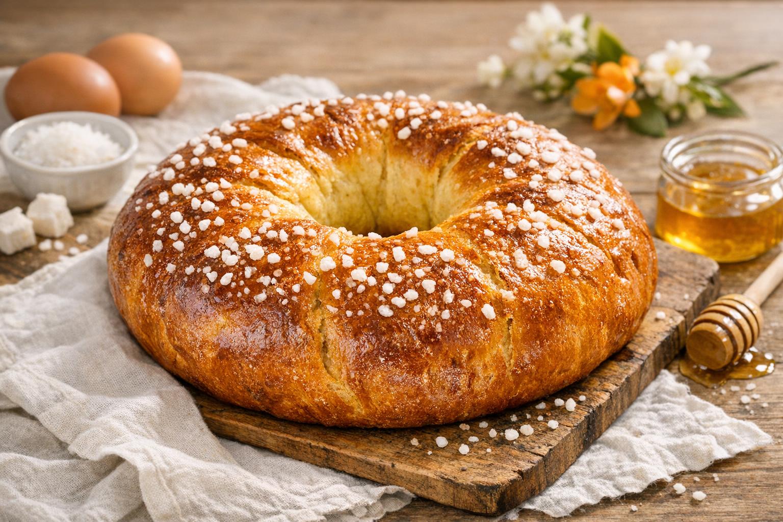Fouace de Aveyron, un brioche tradicional francés en forma de corona, con un glaseado dorado y azúcar perlado, listo para Pascua.