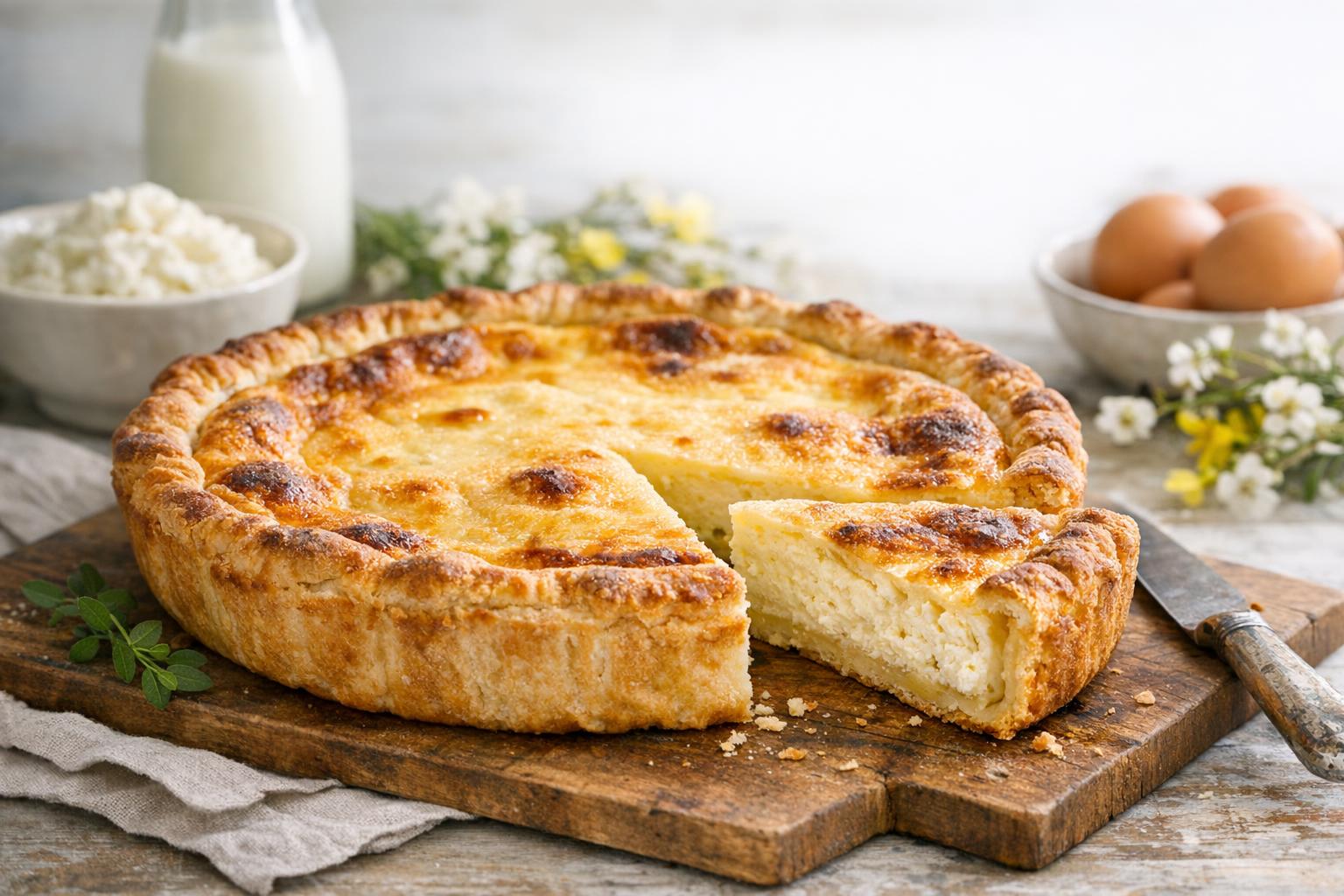 Tarta Flaune tradicional francesa de Pascua, con su relleno cremoso de queso y masa dorada, sobre una tabla de madera.
