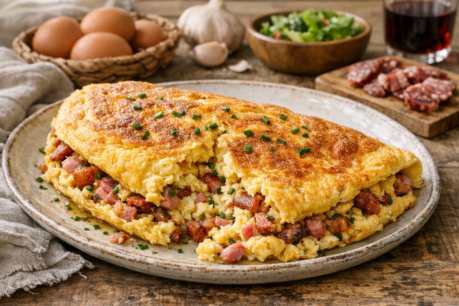 Omelette géante de Bessières casera, dorada y esponjosa, servida en un plato rústico y espolvoreada con cebollino fresco.