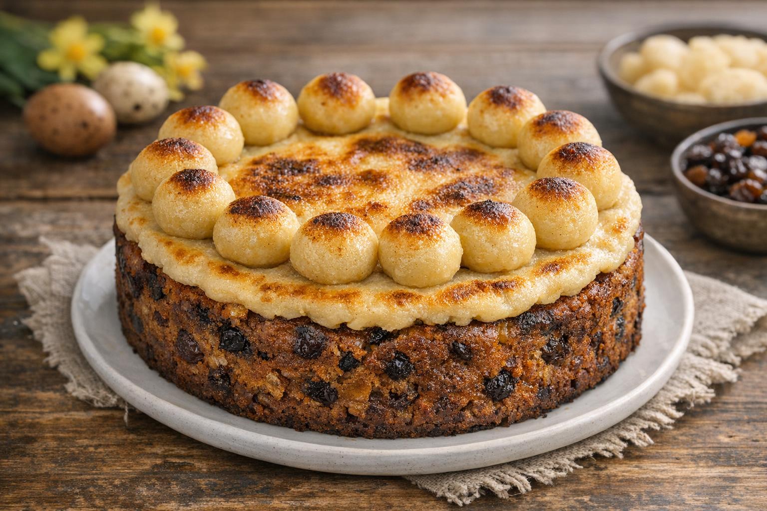 Simnel cake tradicional de Pascua con once bolas de mazapán tostado, sobre una superficie de madera.
