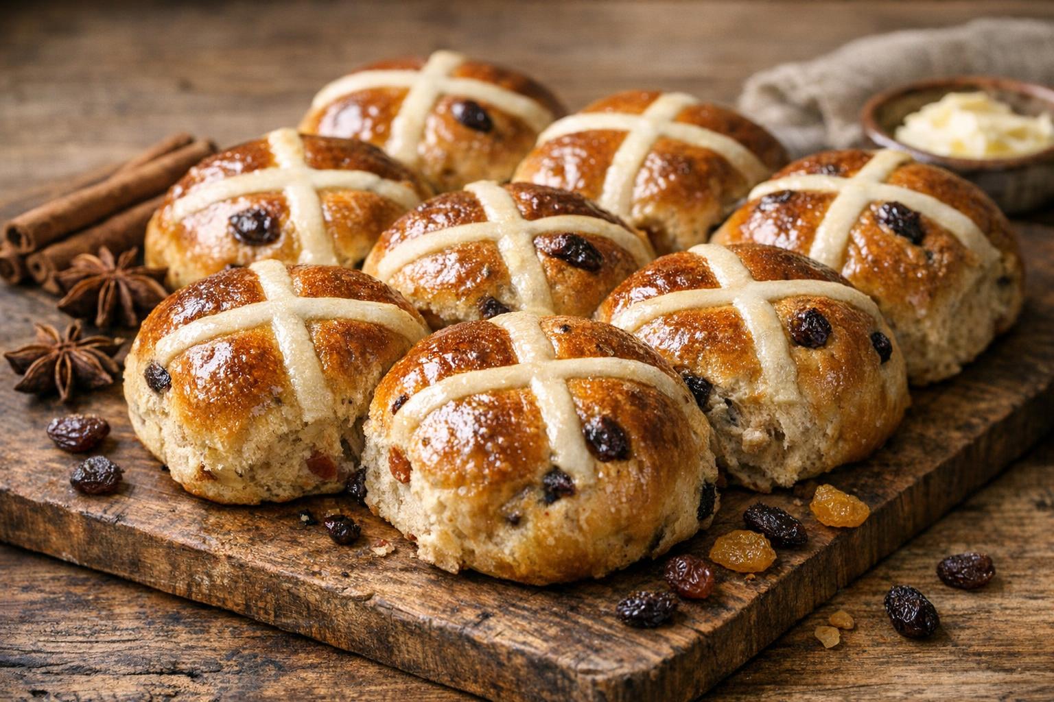 Hot Cross Buns recién horneados, con su característica cruz blanca, dispuestos sobre una tabla de madera rústica.