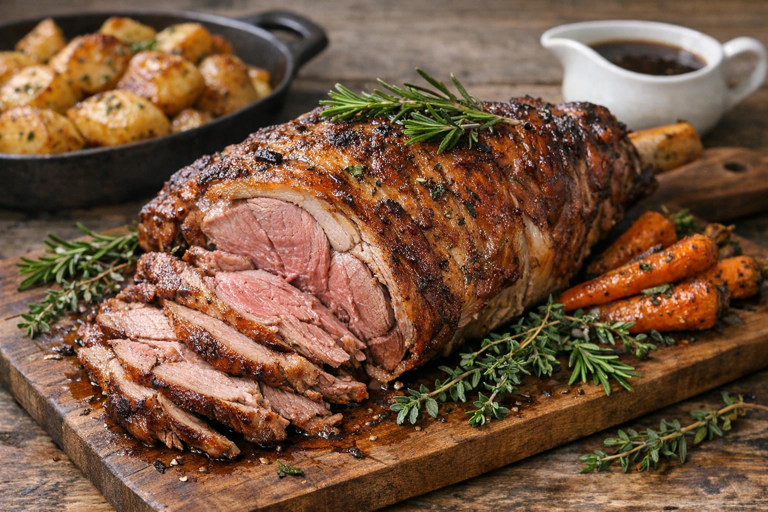 Pierna de cordero de primavera asada tradicional irlandesa para Pascua, con hierbas aromáticas y acompañada de vegetales.