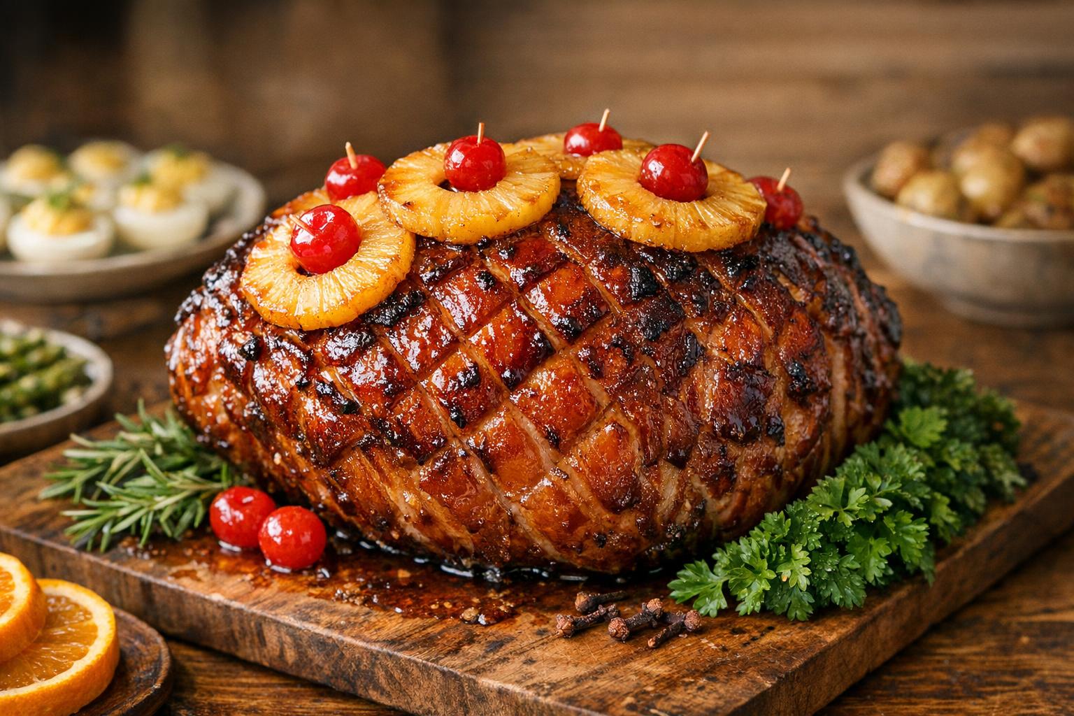 Jamón de Pascua glaseado y horneado, decorado con piña y cerezas, listo para servir en una mesa festiva.