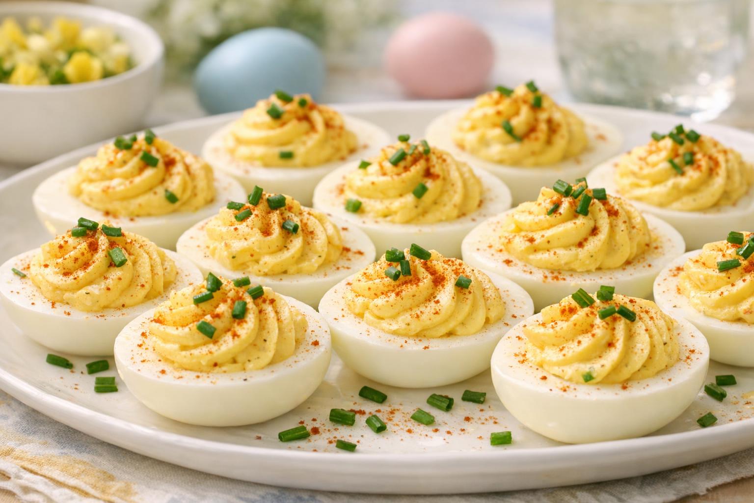 Plato de Deviled eggs tradicionales, con yemas cremosas y espolvoreados con pimentón, listos para un brunch de Pascua.