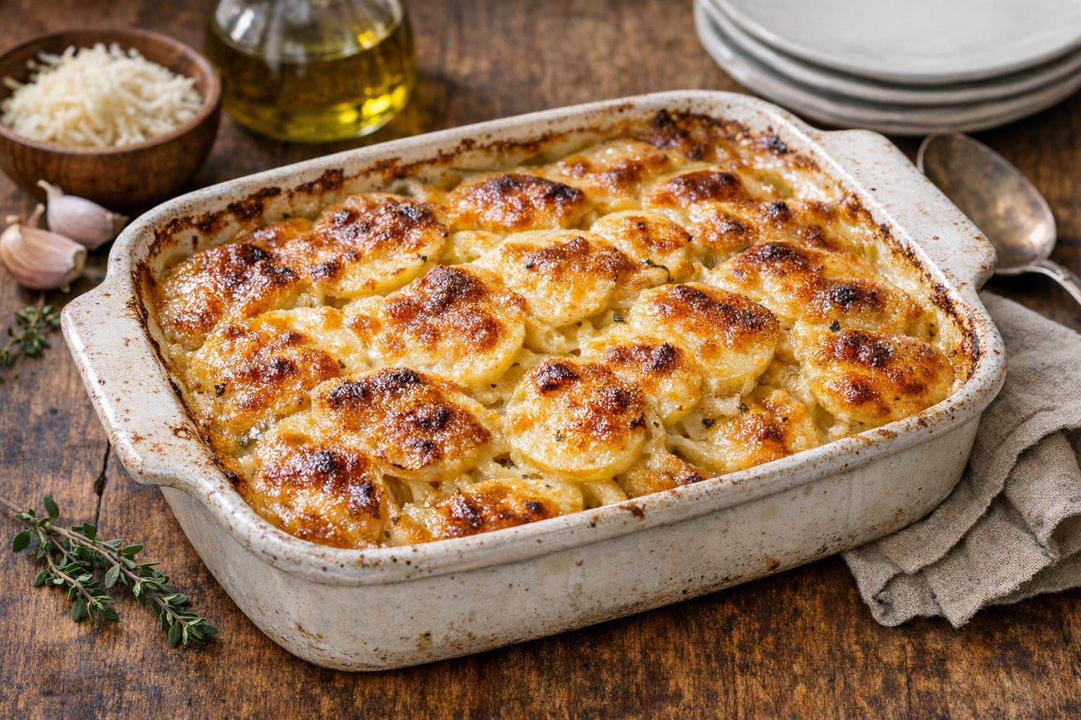 Scalloped potatoes recién horneadas en un molde de cerámica, con una superficie dorada y burbujeante, listas para servir en una comida de Pascua.