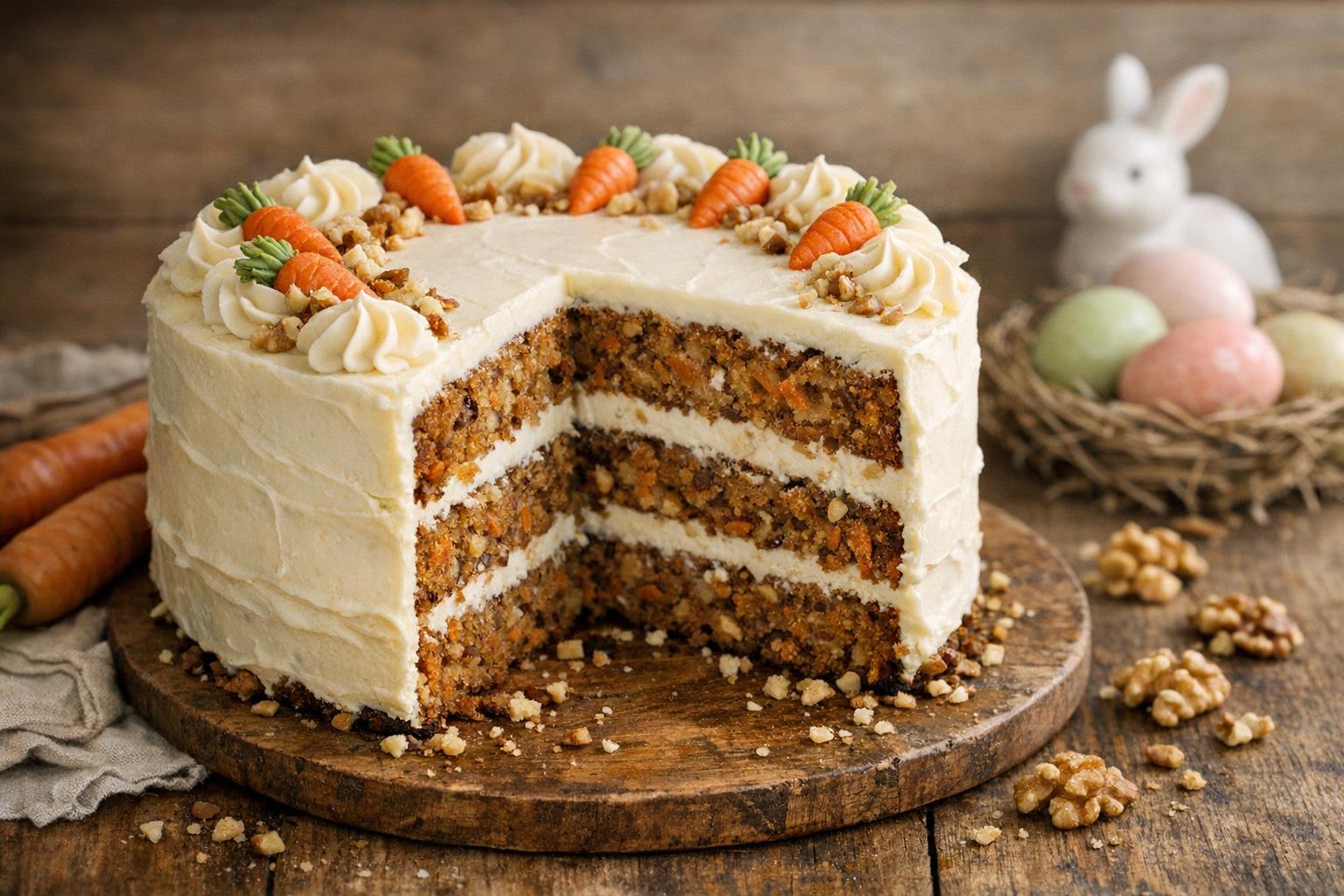 Carrot cake tradicional de Pascua con cobertura de queso crema, cortada en porciones sobre una mesa de madera.