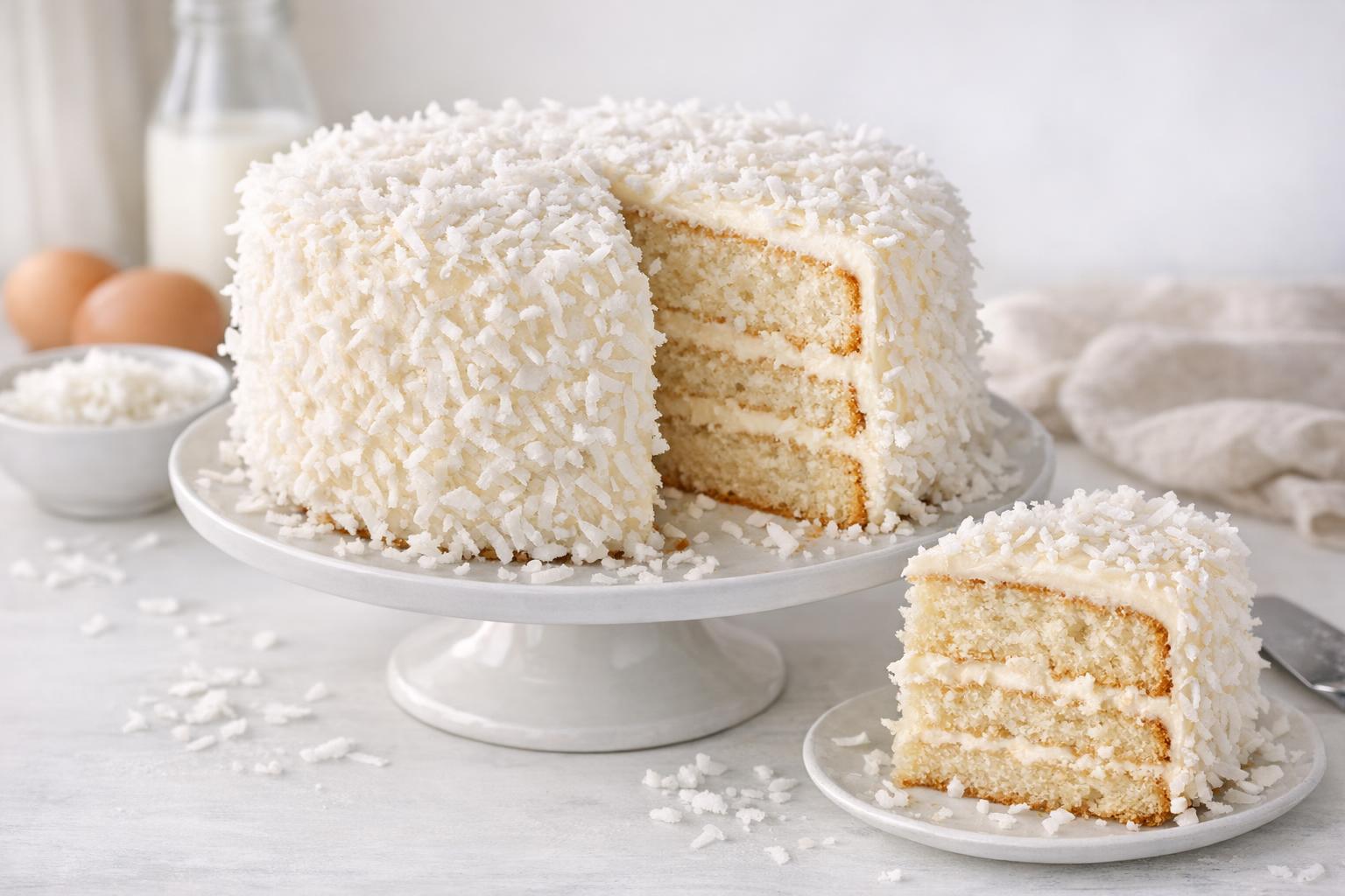 Pastel de coco tradicional (Coconut cake) con glaseado de queso crema y coco rallado, listo para Pascua.